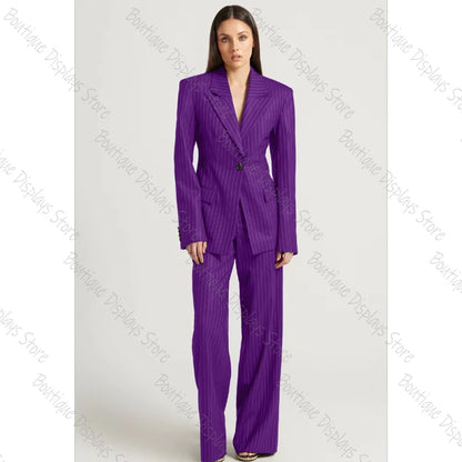 Tibetan Blue Stripe Single Button Women Pants Set High-end Female Two Pieces(Jacket+Trousers)أطقم بناطيل