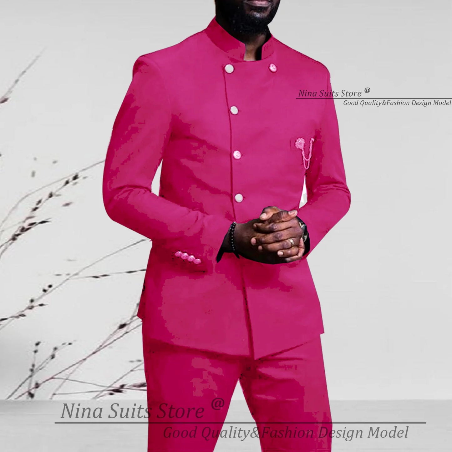 Nina Store 2025 Elegant African Style Men's Suit Stand Collar Royal Blue Blazer and Pants 2 Piece Casual Business Man Wear