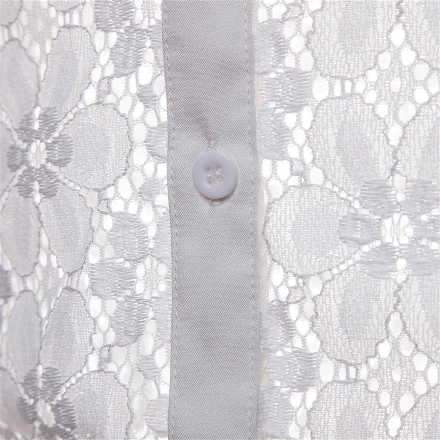 High Quality Men'S Shier Luxury Designer Pure Color Fashion Full Lace Club Men Clothing  Hollow Long Sleeves Lapel Shirt рубашка