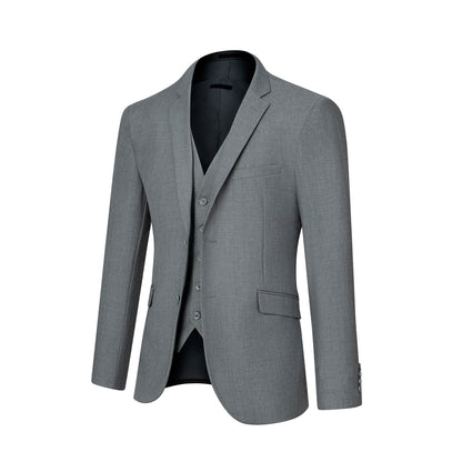 3pcs Men's Classic Solid Color Suit Set Long Sleeve Blazer with Button Details Non-Stretch Fabric Regular Fit for All Seasons