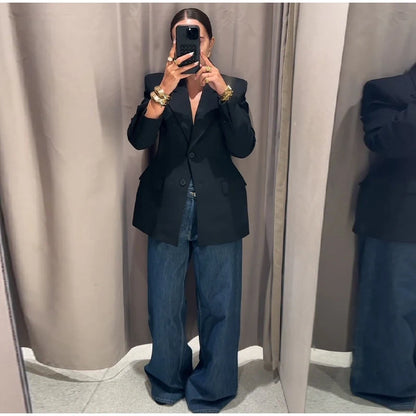 Elegant Black Slim Fit Blazer Jacket Women Retro Lapel Single Breasted Suit Jackets Female 2025 Chic Versatile Street Office