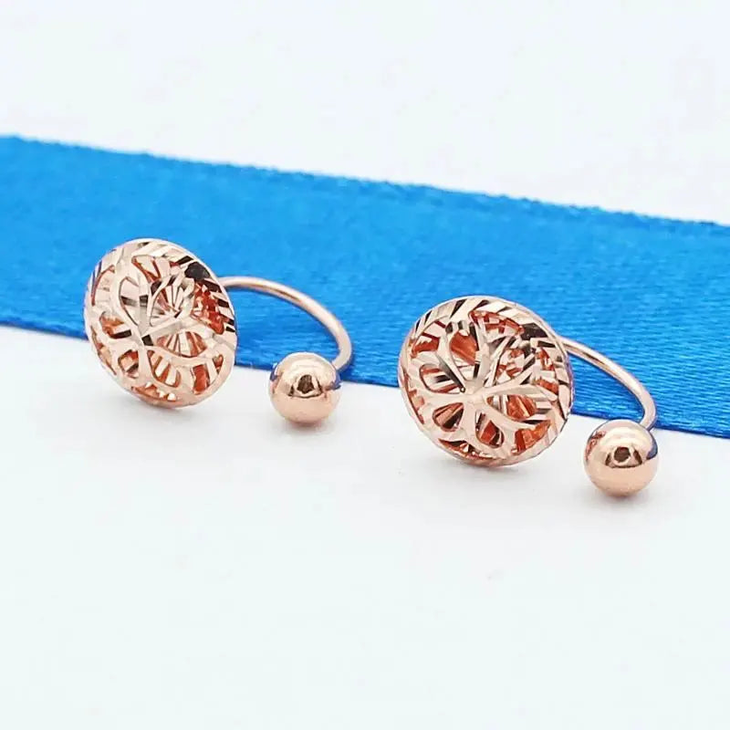 585 purple gold plated 14k rose gold round flower U-shaped earring for women elegant light luxury wedding jewelry for girlfriend