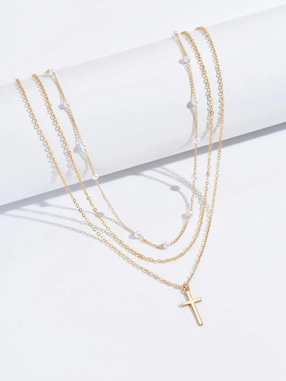 1pcs Women's Faux Pearl & Cross Pendant Necklace (Random Pearl Quantity)