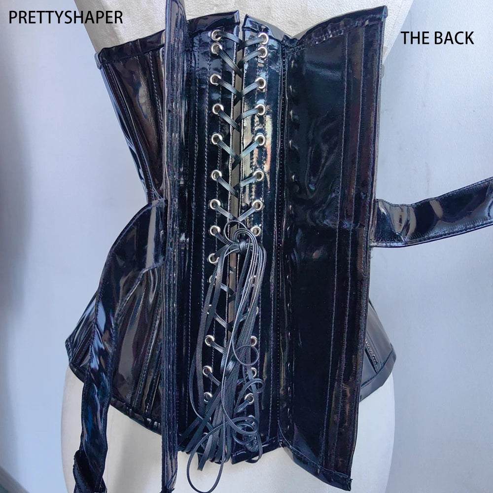 Women Heavy Corset Hand Made Bustier With Locks AndKeys Lace Up Steel Boned Shaping Tops BlacK Patent Leather Gothic Bodices