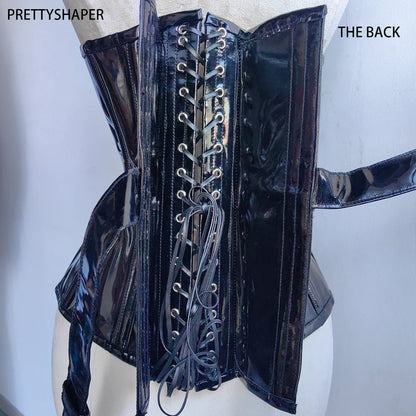 Women Heavy Corset Hand Made Bustier With Locks AndKeys Lace Up Steel Boned Shaping Tops BlacK Patent Leather Gothic Bodices