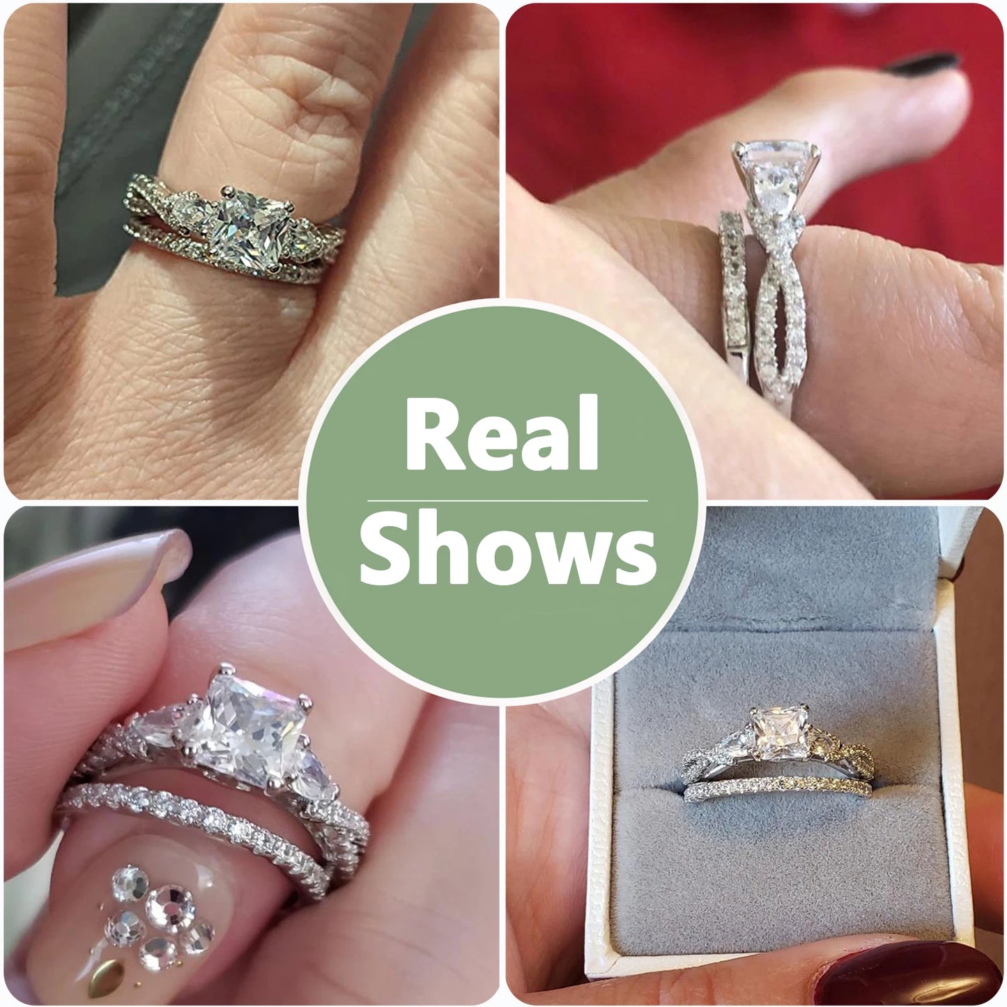 Newshe 2 Pcs Wedding Ring Set 925 Sterling Silver 1.7 Ct Princess Pear Cut AAAAA CZ Engagement Rings for Women Trendy Jewelry