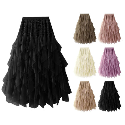Tulle Skirts For Women High Elastic Waist Multi Layered Tulle Mesh Patchwork Long Fairy Skirt Plain Big Swing A Line Skirts