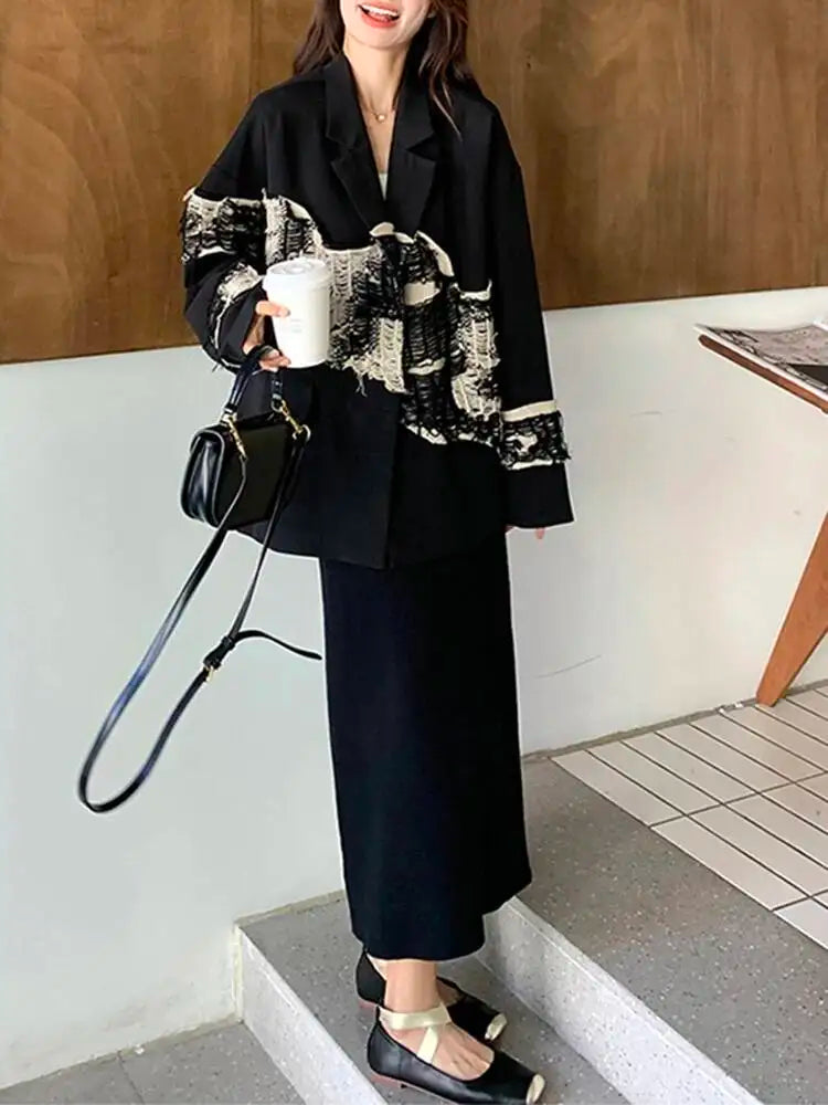 EAM Women Black Knit Spliced Big Size Irregular Blazer New Lapel Long Sleeve Jacket Fashion Tide Spring Autumn 2026 30A2521