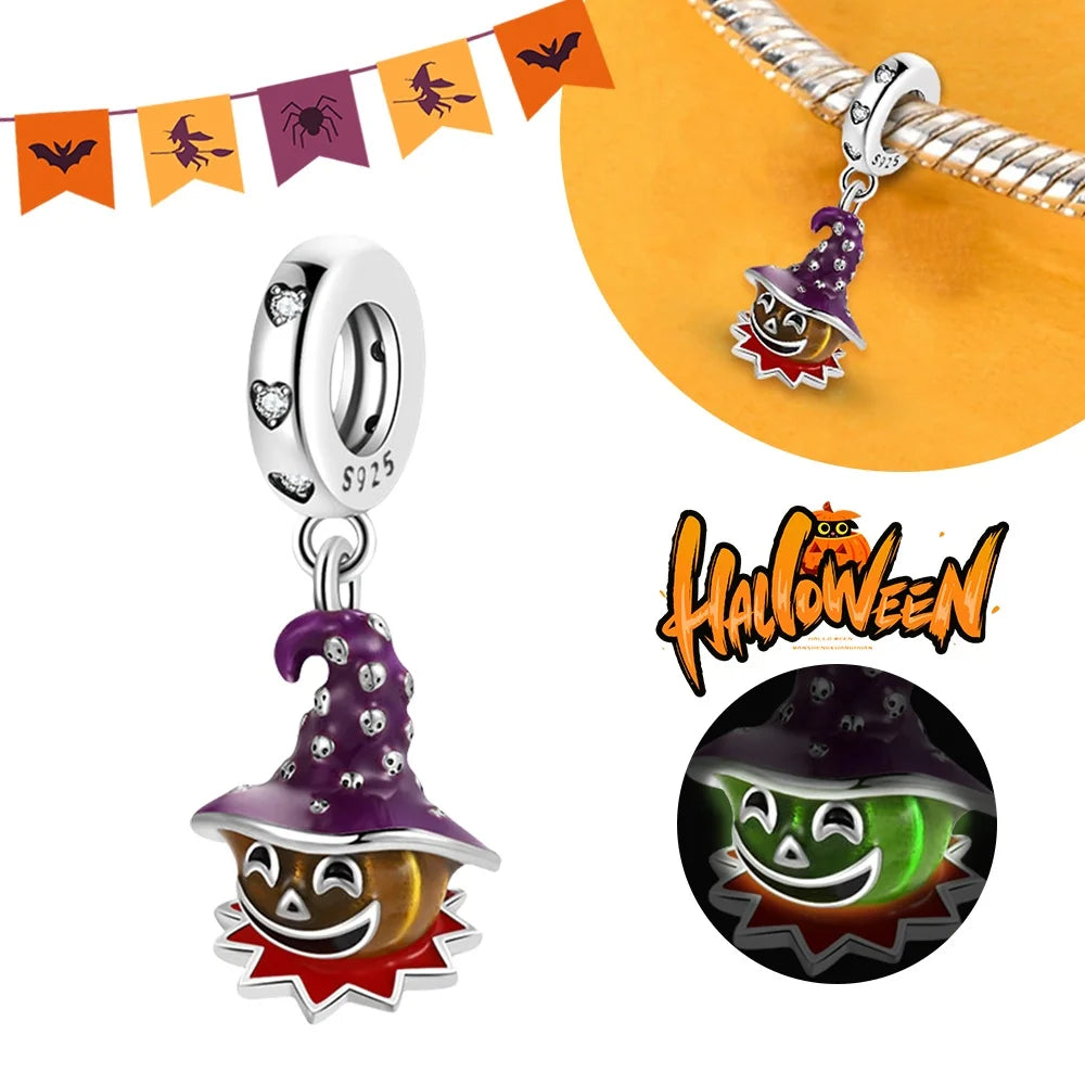 2025 New Halloween Charm Emit Light Bead 925 Sterling Silver Pumpkin Witch Skull Charm Fit Bracelet Pendant Women Jewelry Making