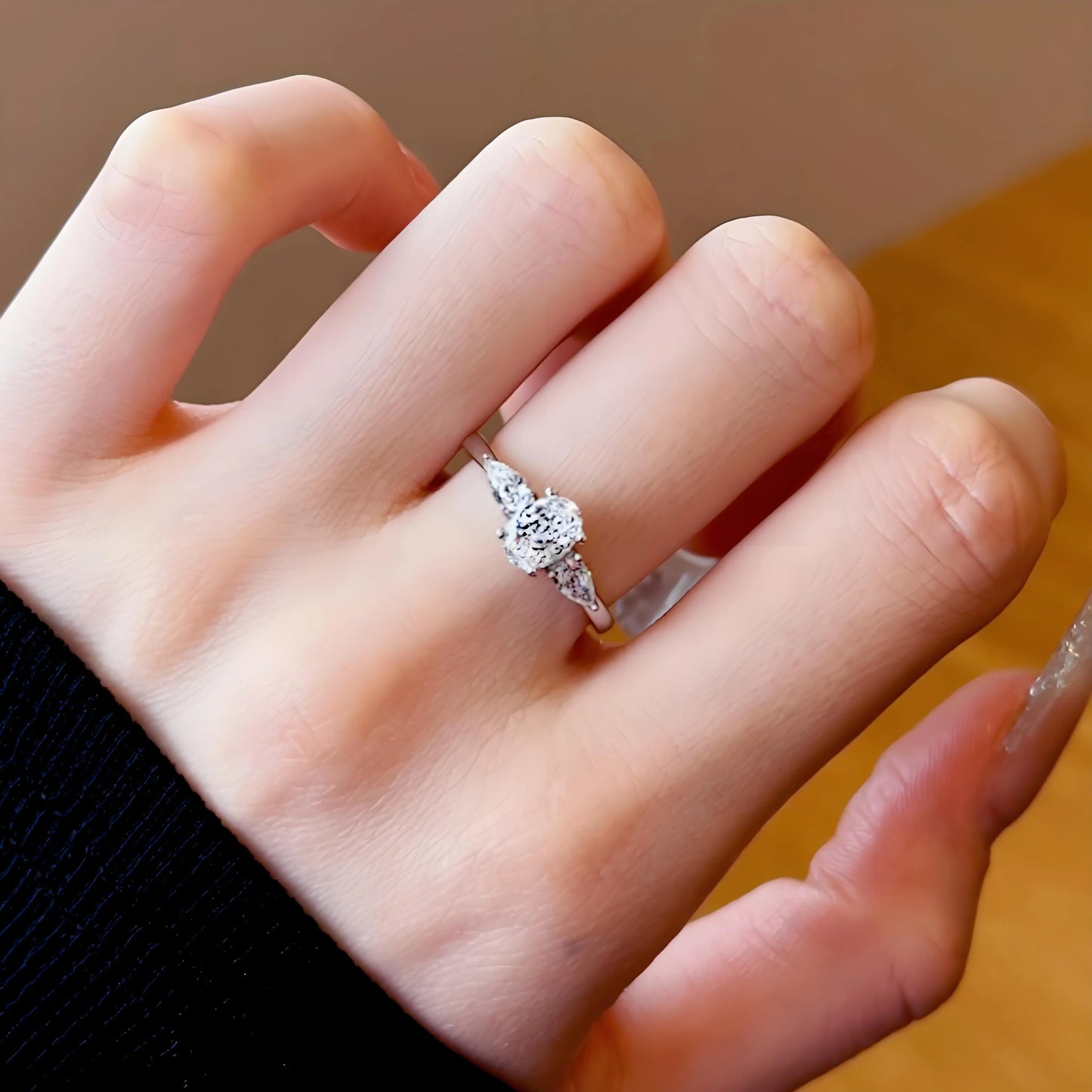 Genuine S925 Sterling Silver 8A Oval Zirconia Ring Teardrop Stones Layered Wedding Engagement Jewelry Gift for Women‌