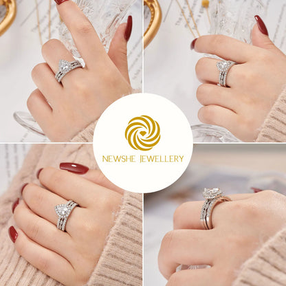 Newshe 3 Pieces 925 Sterling Silver Engagement Ring Set for Women Water Drop AAAAA Zircons Eternity Wedding Bands BR1079
