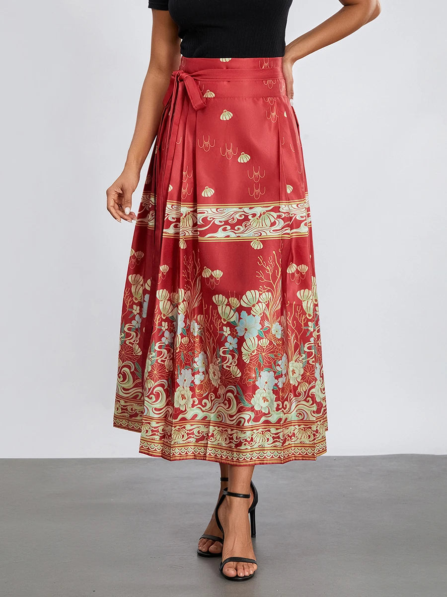 Women s Horse Face Skirt Elegant Phoenix Character Flower Print Pleated Tie Up A-Line Long Swing Skirt National Clothing