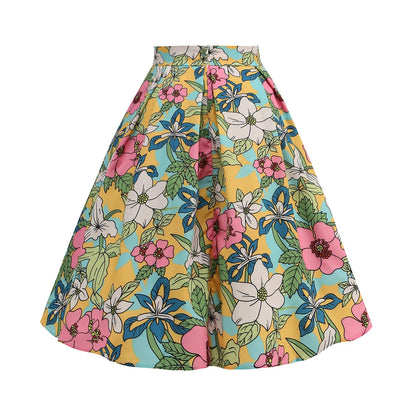 Sweet Skirt for Fashion Girl Vintage Printing High Waist Bow Beach Holiday Slim Fit Eleagnt Versatile Skirt With Ruffle Swing