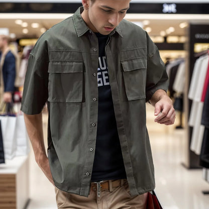 Summer Cargo Blouse Men'S Soild Shirt Pocket Lapel Short-Sleeved Shirts Casual Button Down Blouses For Men Thin Top