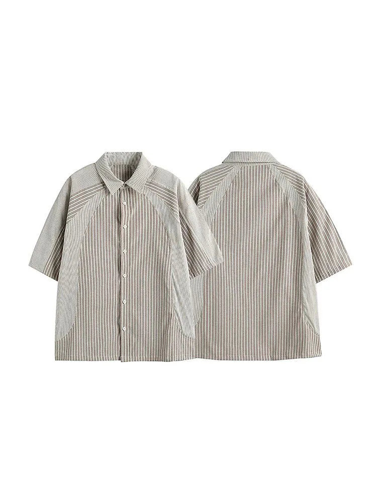 Short sleeved loose contrasting color splicing vertical stripe American casual suit