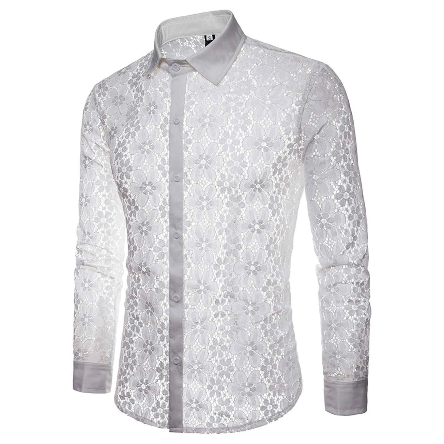 High Quality Men'S Shier Luxury Designer Pure Color Fashion Full Lace Club Men Clothing  Hollow Long Sleeves Lapel Shirt рубашка