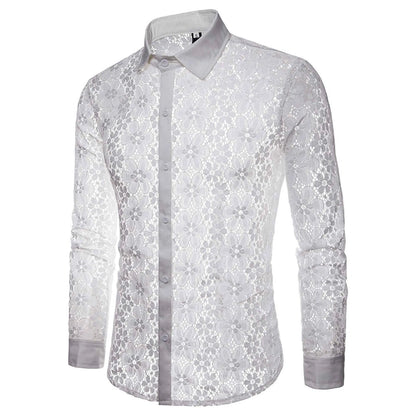 High Quality Men'S Shier Luxury Designer Pure Color Fashion Full Lace Club Men Clothing  Hollow Long Sleeves Lapel Shirt рубашка