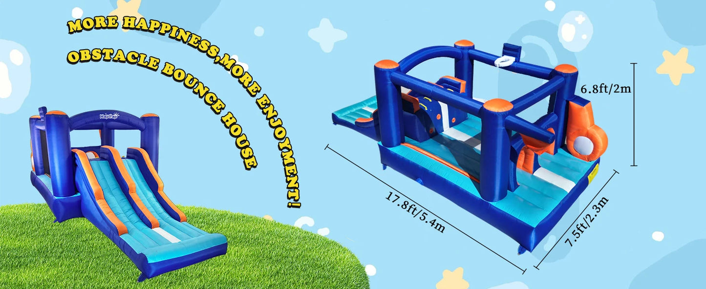 Inflatable Bounce House Obstacle Course for Kids - 2 Racing Slides, Spacious Jumping Area, Tunnels & Climbing Walls with Blower