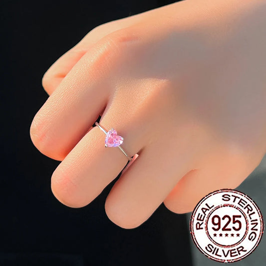 QooLady 925 Sterling Silver Pink Cubic Zirconia Romantic Love Heart Shape Cut Rings for Women Valentine's Day Jewelry Gift SR046