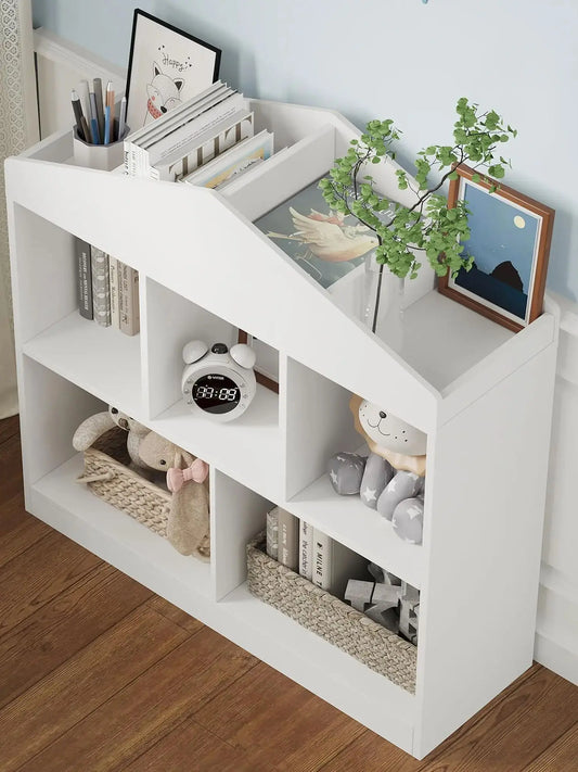 Toy Storage Organizer 5-Cubby Kids Bookshelf White Bookcase Toddlers Playhouse Cabinet Shelf for Boys Girls Wooden Cubby Storage
