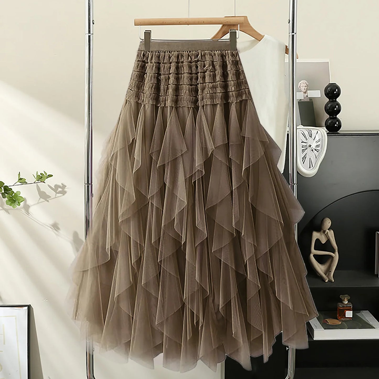 Tulle Skirts For Women High Elastic Waist Multi Layered Tulle Mesh Patchwork Long Fairy Skirt Plain Big Swing A Line Skirts