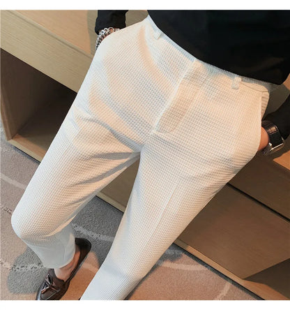 Fashion Business Casual Men's Pants Cropped Pants Waffle Pattern New Trend Spring Summer Casual Trousers Dark Green White 28-38