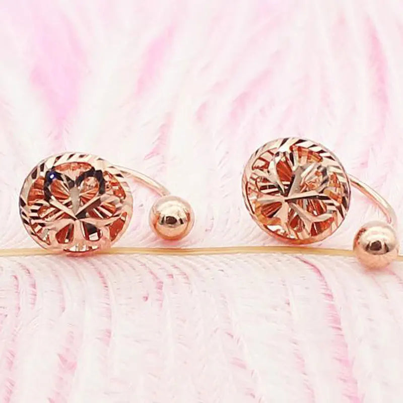 585 purple gold plated 14k rose gold round flower U-shaped earring for women elegant light luxury wedding jewelry for girlfriend