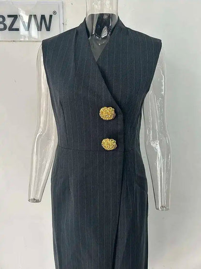 BZVW Women's 2 Pieces Sets Fashion Striped Suit Jacket V-neck Sleeveless Single Breasted Slit Dress Autumn 2025 New 5R5493