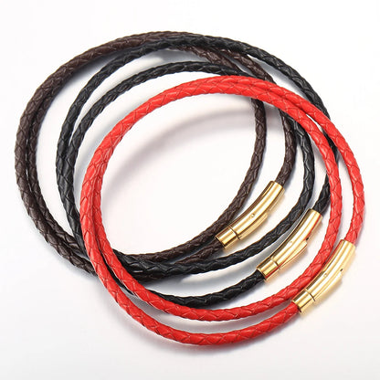 4mm/6mm Man-made Leather Necklace Choker For Men Boys Red Black Brown Braided Rope Chain Male Push Clasp Jewelry Gifts UN149