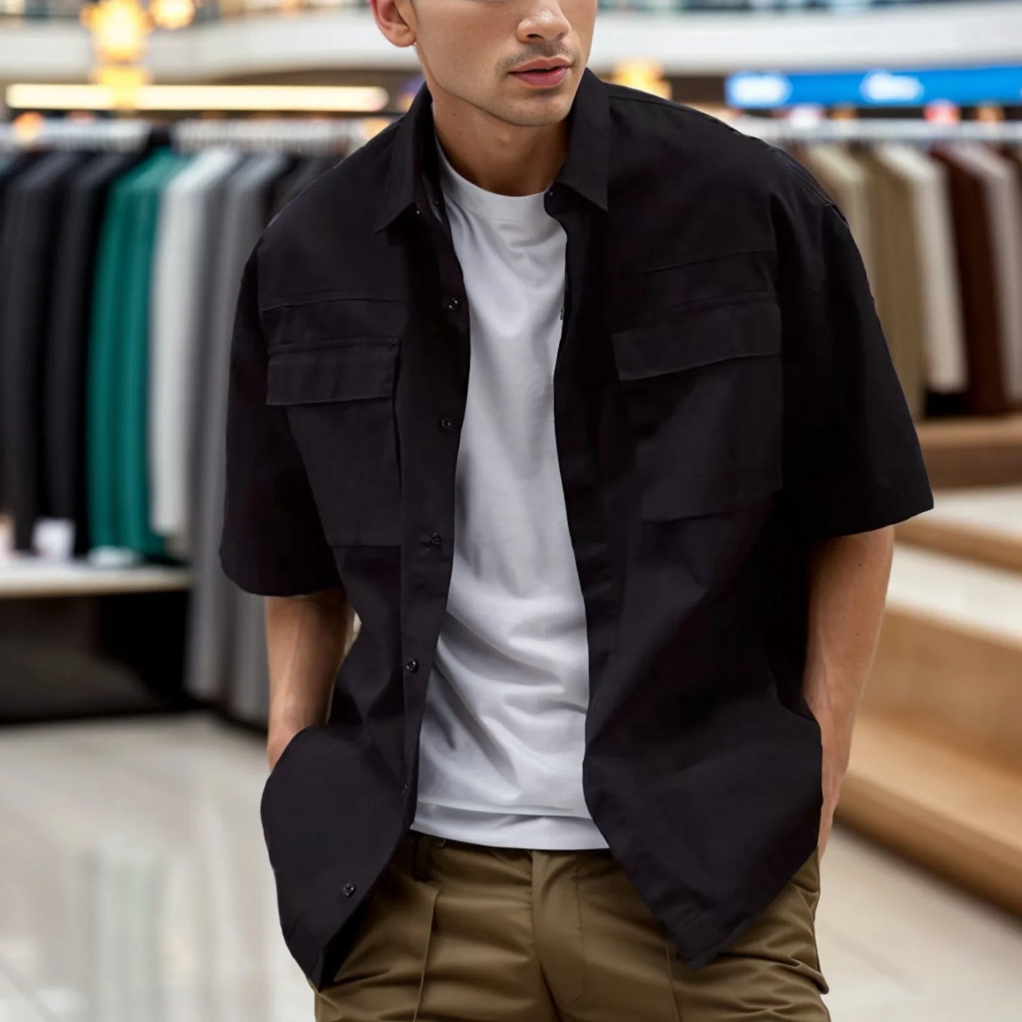 Summer Cargo Blouse Men'S Soild Shirt Pocket Lapel Short-Sleeved Shirts Casual Button Down Blouses For Men Thin Top