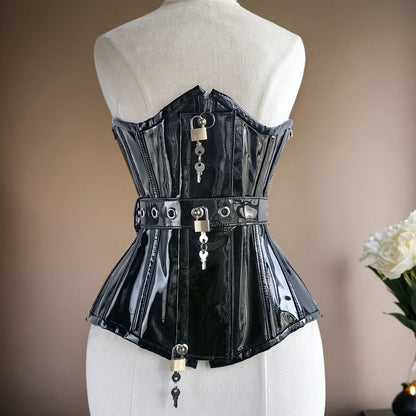 Women Heavy Corset Hand Made Bustier With Locks AndKeys Lace Up Steel Boned Shaping Tops BlacK Patent Leather Gothic Bodices