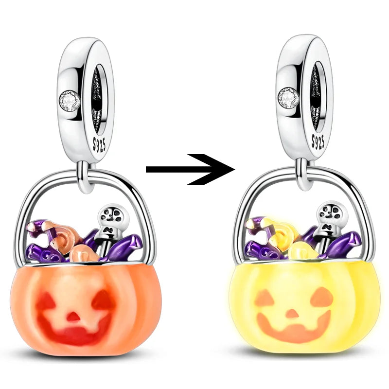 2025 New Halloween Charm Emit Light Bead 925 Sterling Silver Pumpkin Witch Skull Charm Fit Bracelet Pendant Women Jewelry Making