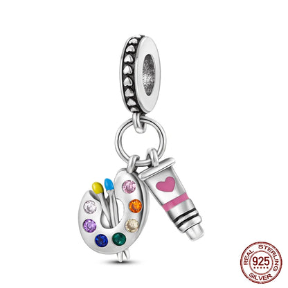 925 Sterling Silver Artist Brush Tools Color Palette Oil Painting Charms Beads Fit Qikaola Original Bracelets DIY Jewelry Gifts