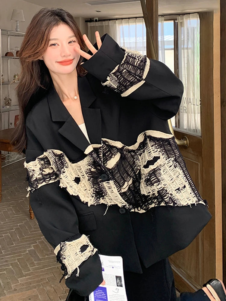 EAM Women Black Knit Spliced Big Size Irregular Blazer New Lapel Long Sleeve Jacket Fashion Tide Spring Autumn 2026 30A2521