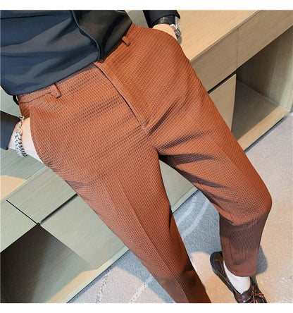 Fashion Business Casual Men's Pants Cropped Pants Waffle Pattern New Trend Spring Summer Casual Trousers Dark Green White 28-38