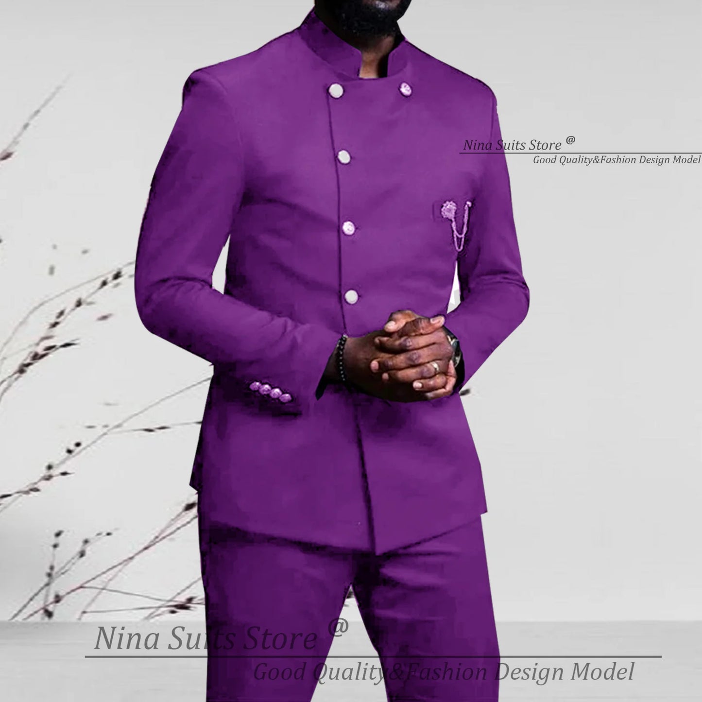 Nina Store 2025 Elegant African Style Men's Suit Stand Collar Royal Blue Blazer and Pants 2 Piece Casual Business Man Wear