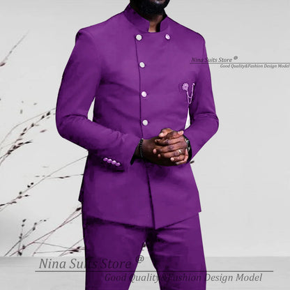 Nina Store 2025 Elegant African Style Men's Suit Stand Collar Royal Blue Blazer and Pants 2 Piece Casual Business Man Wear