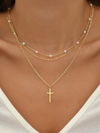 1pcs Women's Faux Pearl & Cross Pendant Necklace (Random Pearl Quantity)