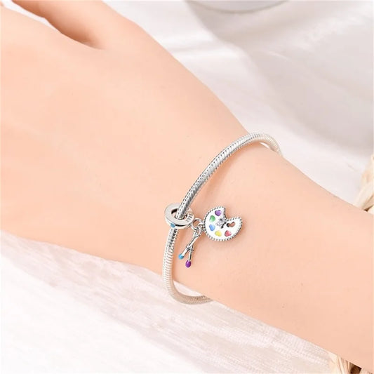 925 Sterling Silver Artist Brush Tools Color Palette Oil Painting Charms Beads Fit Qikaola Original Bracelets DIY Jewelry Gifts