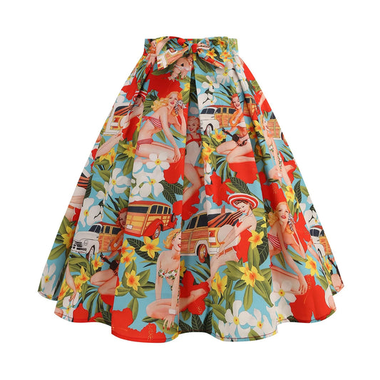 Sweet Skirt for Fashion Girl Vintage Printing High Waist Bow Beach Holiday Slim Fit Eleagnt Versatile Skirt With Ruffle Swing