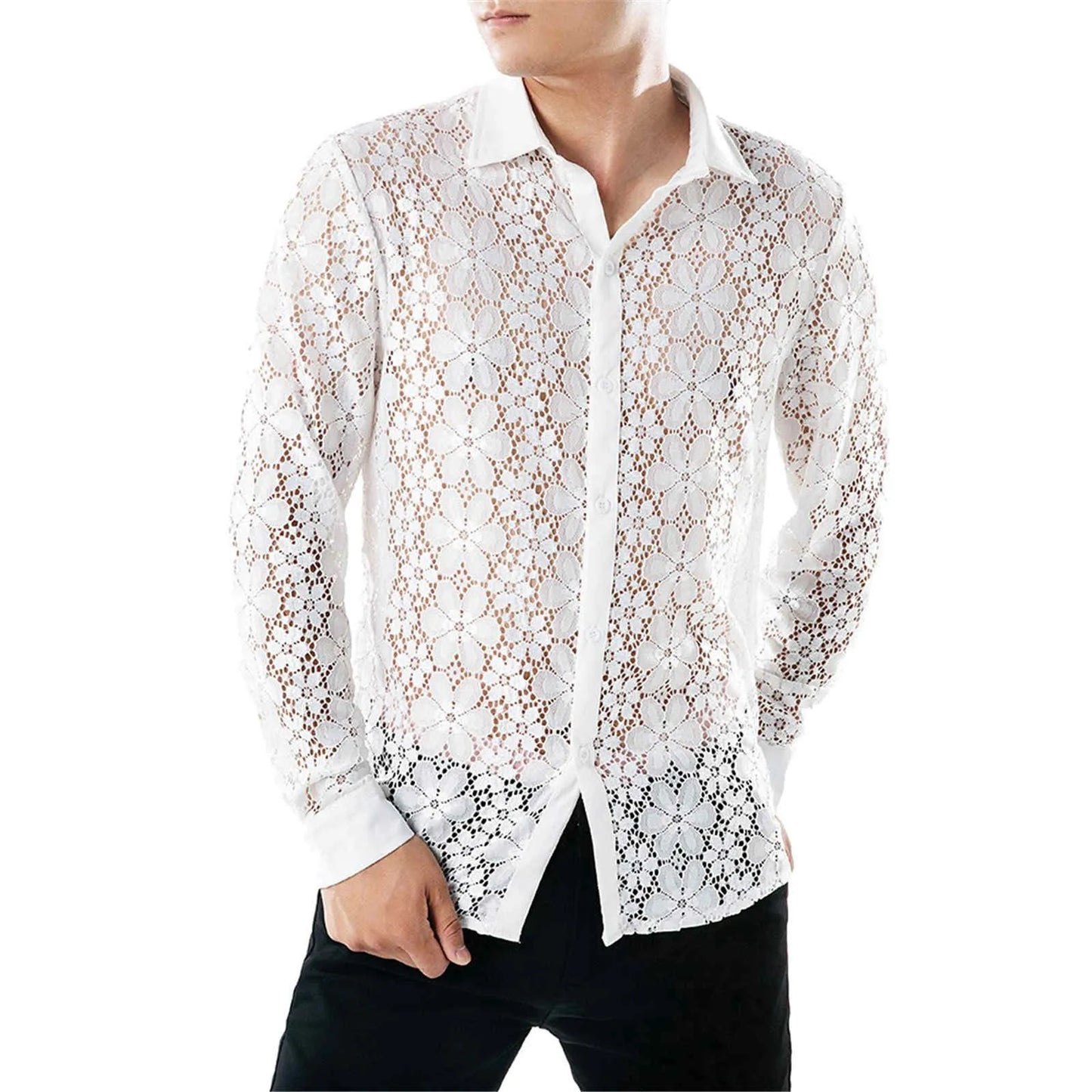 High Quality Men'S Shier Luxury Designer Pure Color Fashion Full Lace Club Men Clothing  Hollow Long Sleeves Lapel Shirt рубашка