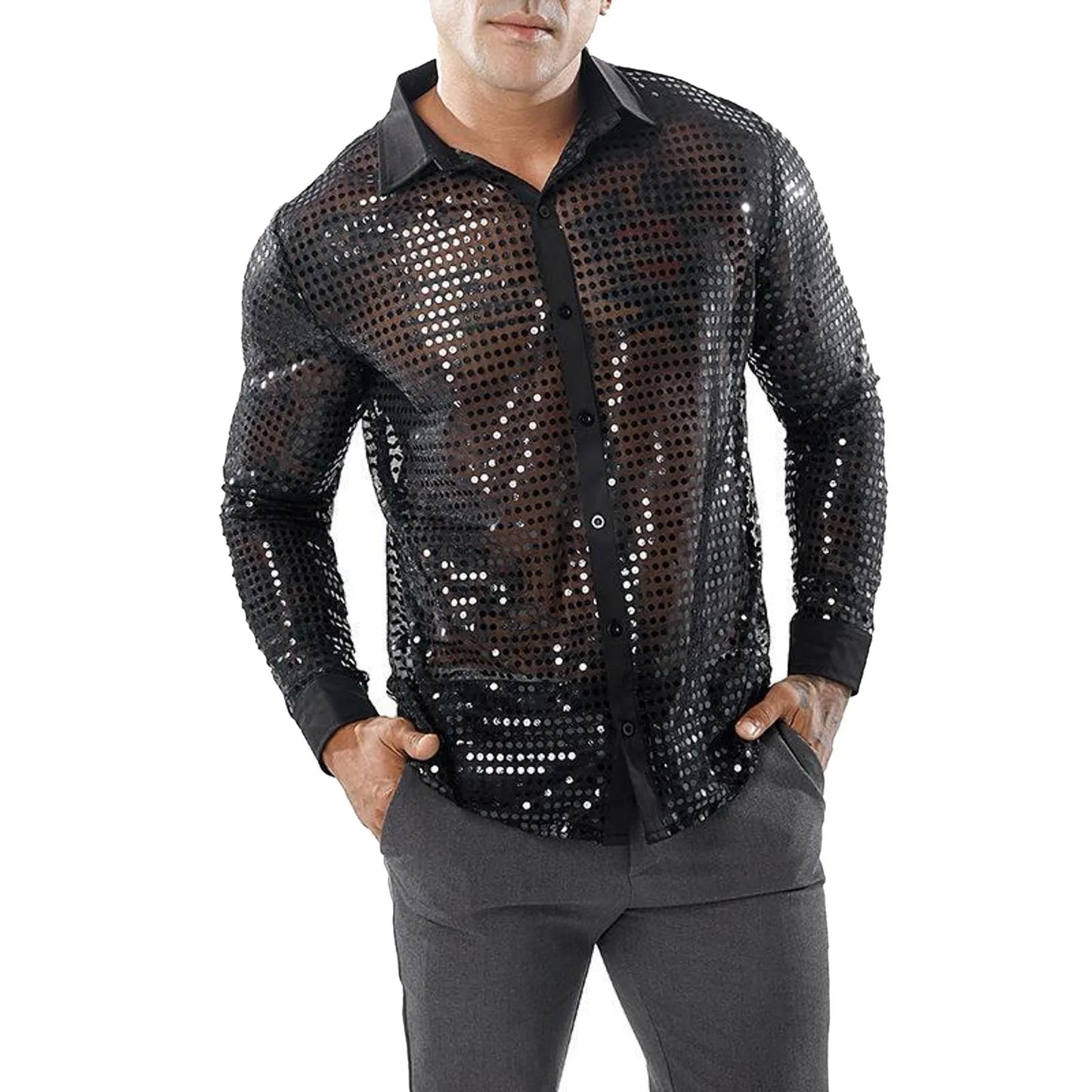 Glitter Sequin Shirt Men's Long Sleeved Performance Wear 70s Disco Lapel Neck Slimming Sparkle Compression Shirts With Button