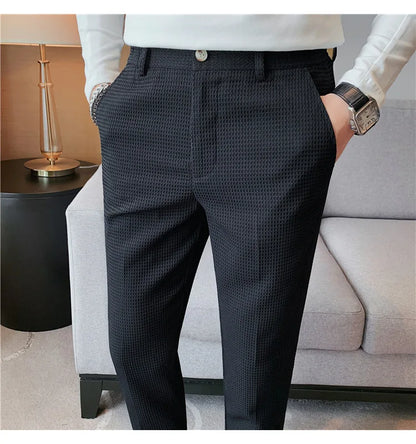 Fashion Business Casual Men's Pants Cropped Pants Waffle Pattern New Trend Spring Summer Casual Trousers Dark Green White 28-38