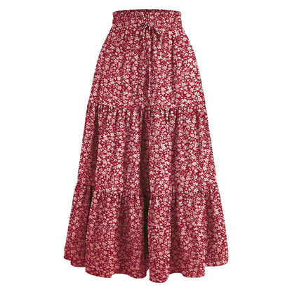 Women's Boho Floral Print Skirt Vintage High Waist Maxi Skirts Summer Casual Loose Beach Skirt Elegant Ladies Flowy Ruffle Skirt
