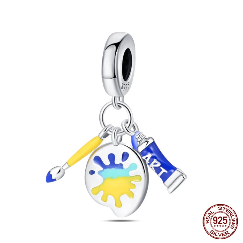 925 Sterling Silver Artist Brush Tools Color Palette Oil Painting Charms Beads Fit Qikaola Original Bracelets DIY Jewelry Gifts