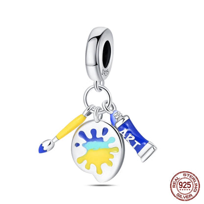 925 Sterling Silver Artist Brush Tools Color Palette Oil Painting Charms Beads Fit Qikaola Original Bracelets DIY Jewelry Gifts