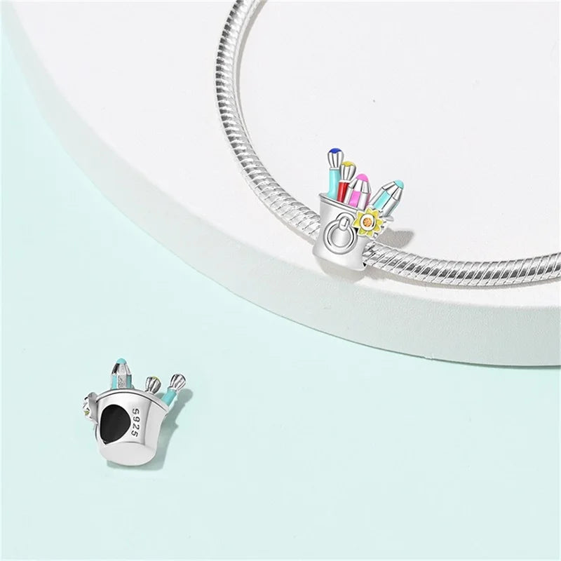 925 Sterling Silver Artist Brush Tools Color Palette Oil Painting Charms Beads Fit Qikaola Original Bracelets DIY Jewelry Gifts