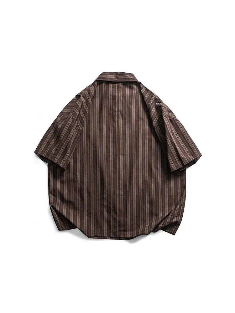 Short sleeved loose contrasting color splicing vertical stripe American casual suit