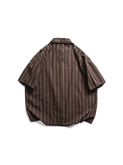 Short sleeved loose contrasting color splicing vertical stripe American casual suit