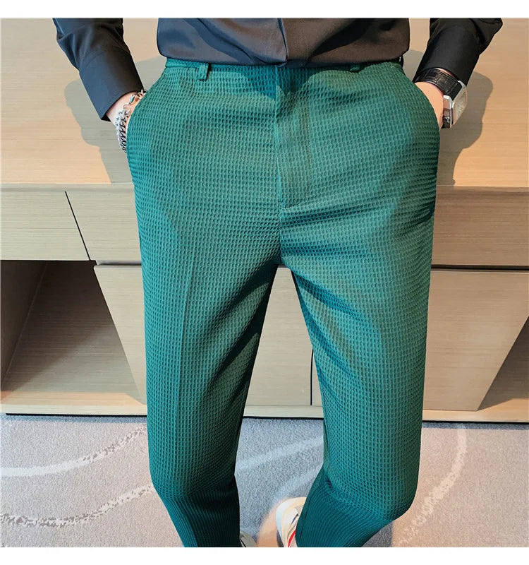 Fashion Business Casual Men's Pants Cropped Pants Waffle Pattern New Trend Spring Summer Casual Trousers Dark Green White 28-38